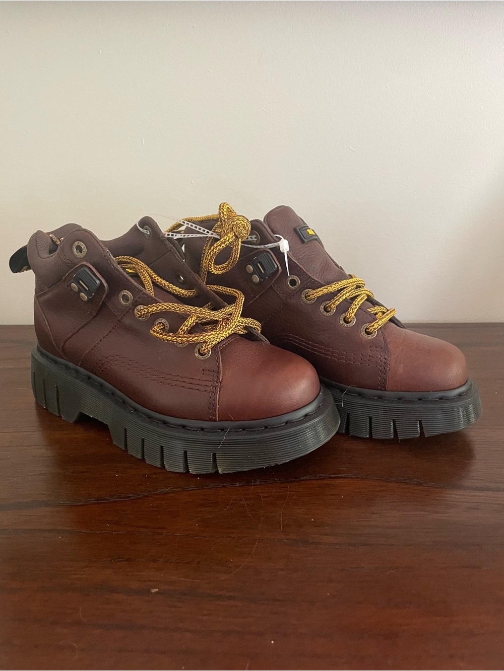 Dr. Martens Brown Leather Lace-Up Platform Boots with Yellow Laces

Brand New!